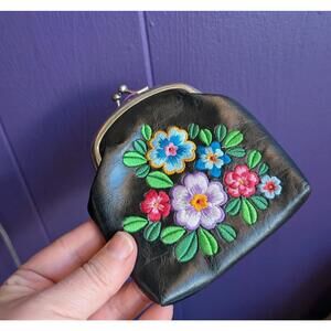 Embroidered Rainbow Coin Purse Faux Black Leather Vintage Style